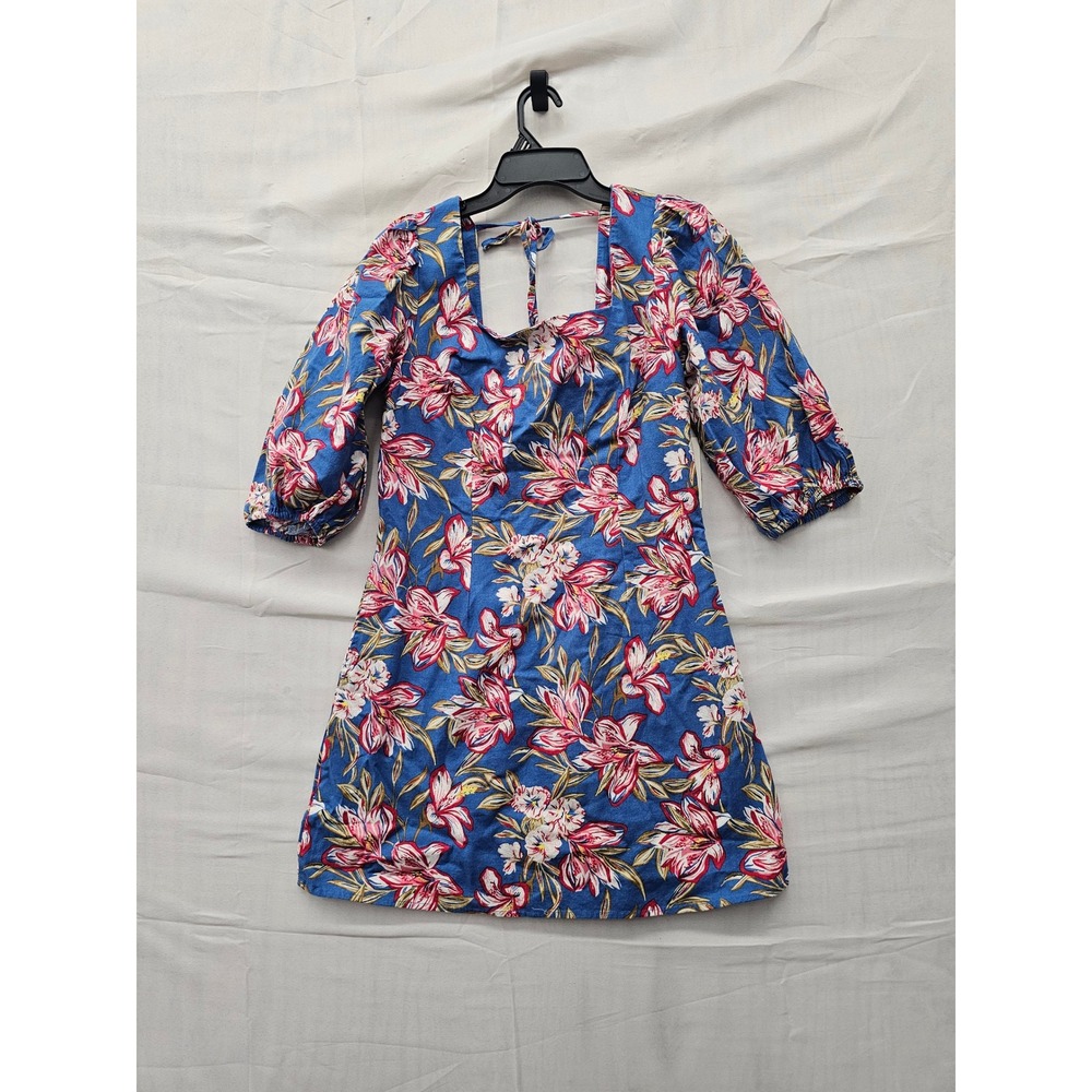 A New Day Womens Floral Square Neck Dress Blue Cotton Linen Casual Size Small